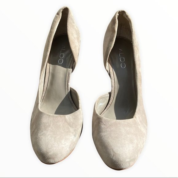 Aldo Suede Leather Tan Beige D'Orsay Pumps Size 37 or 6.5 Round Toe 3 Inch Heels - Picture 4 of 12